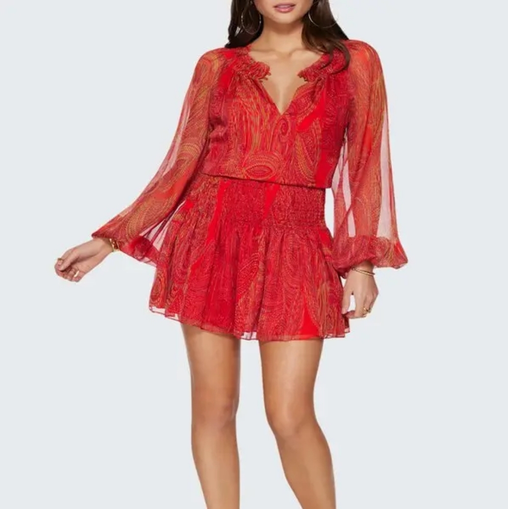 Ramy Brook "Lois" dress abstract paisley print. Crimson Orange